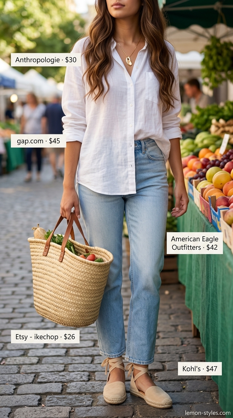 Coastal Brunch: Straight Leg Jean Outfits Summer 2026 Casual brunch: Light wash straight leg jeans, white linen shirt, espadrille sandals, straw tote. Summer outfits for women 2026.