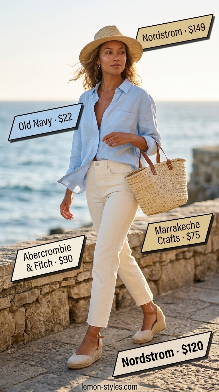 Coastal Comfort: Straight Leg Jean Outfits Summer 2026 Coastal vacation outfit: Cream straight leg jeans, sky blue linen shirt, straw hat & tote, espadrille wedges. Summer outfits for women 2026.