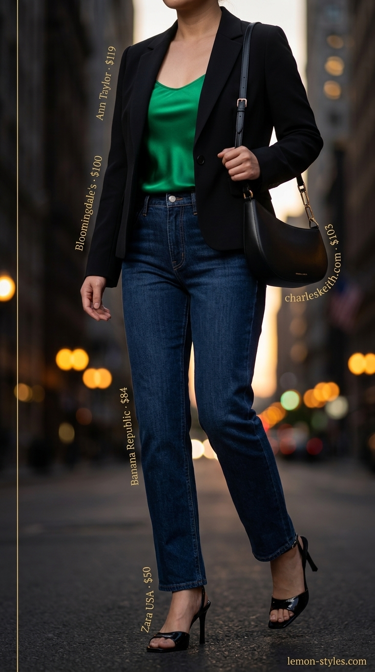 Downtown Chic: Straight Leg Jean Outfits Summer 2026 Chic date night: Dark indigo straight leg jeans, emerald green silk cami, black blazer, heeled sandals. Summer outfits for women 2026.