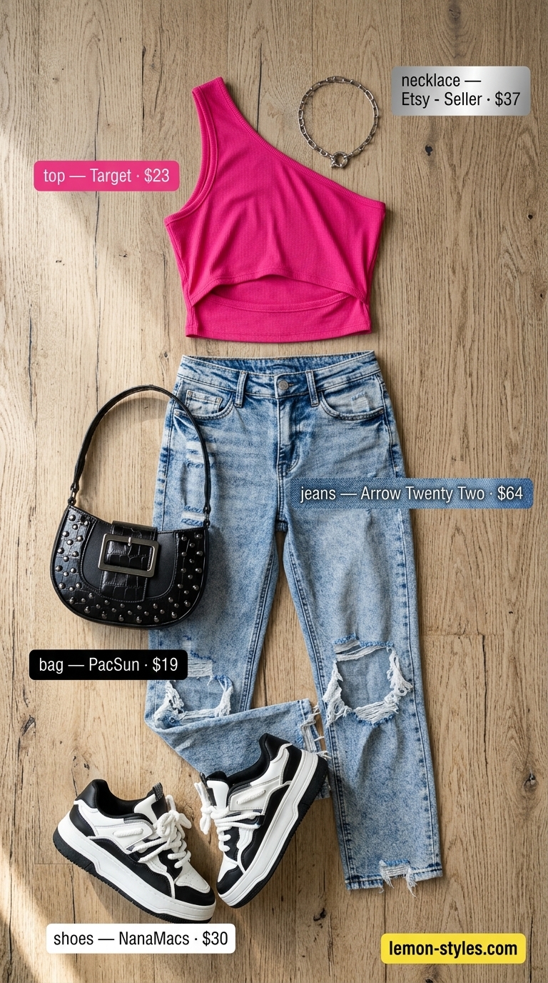 Galactic Grunge: Straight Leg Jean Outfits Summer 2026 Y2K grunge: Acid wash straight leg jeans, hot pink one-shoulder top, platform sneakers. Straight leg jean outfits for women 2026.