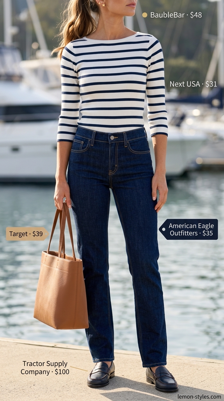 Preppy Regatta: Straight Leg Jean Outfits Summer 2026 Preppy summer style: Indigo straight leg jeans, striped boat-neck tee, loafers, tote bag. Straight leg jean outfits for women 2026.