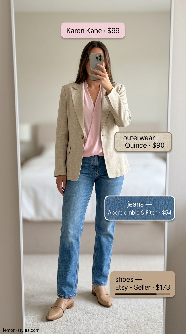 Summer Friday Office: Straight Leg Jean Outfits 2026 Summer office casual: Medium blue straight leg jeans, blush silk blouse, beige blazer, loafers. Straight leg jean outfits for women 2026.