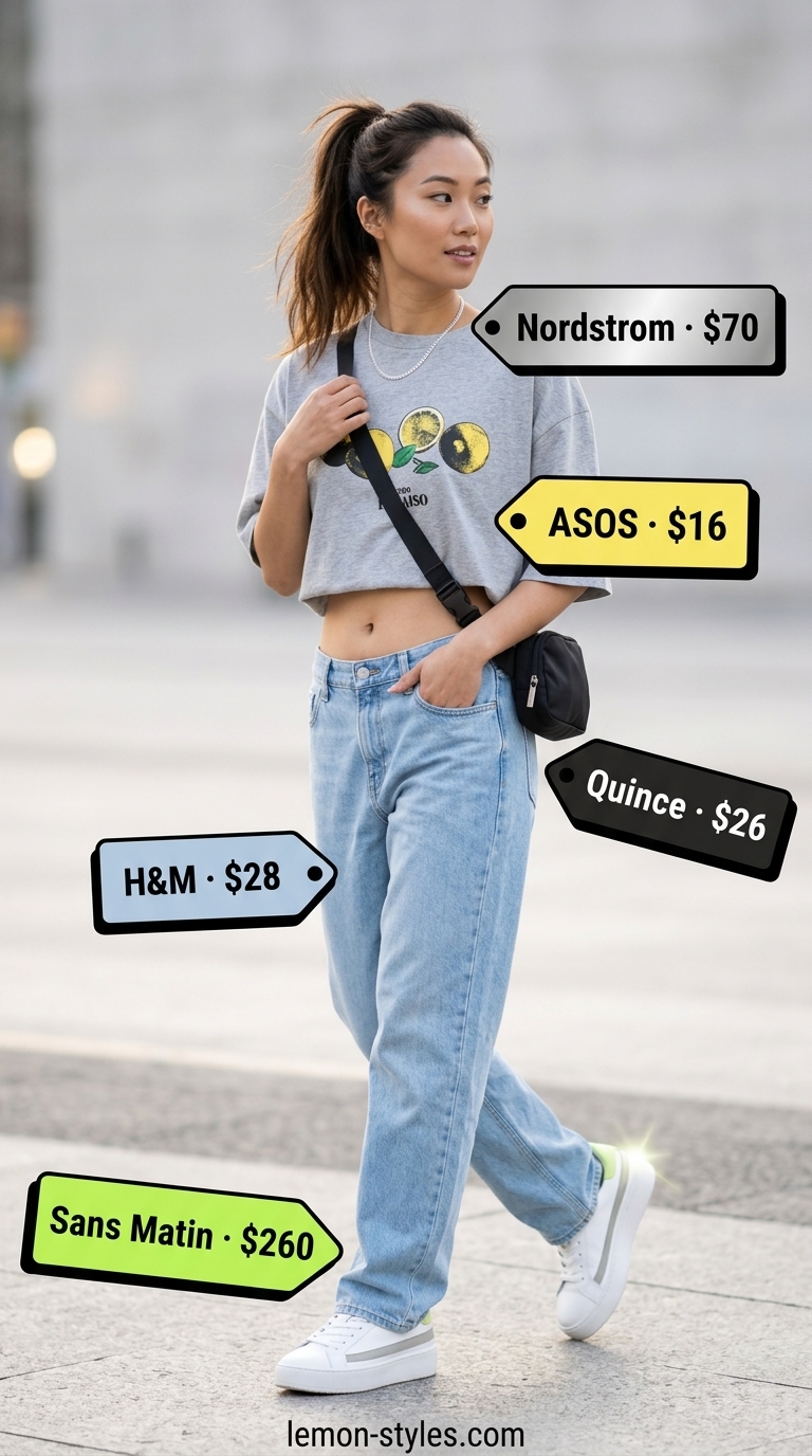 Urban Street Style: Straight Leg Jean Outfits Summer 2026 Urban street style: Light wash straight leg jeans, grey graphic tee with neon green, chunky sneakers. Summer outfits for women 2026.