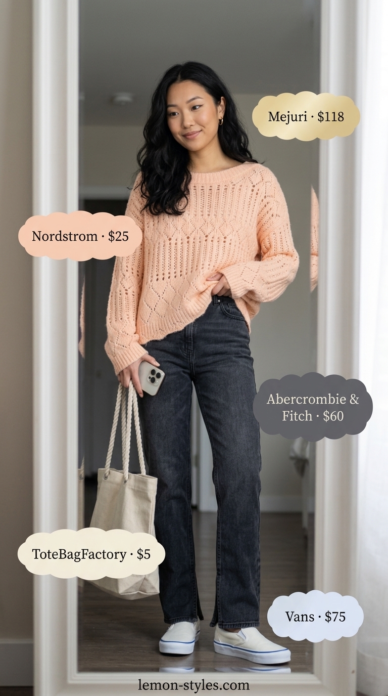 Sunset Beach Bonfire: Straight Leg Jean Outfits 2026 Cozy summer beach bonfire outfit with washed black straight leg jeans and a deep coral oversized sweater.