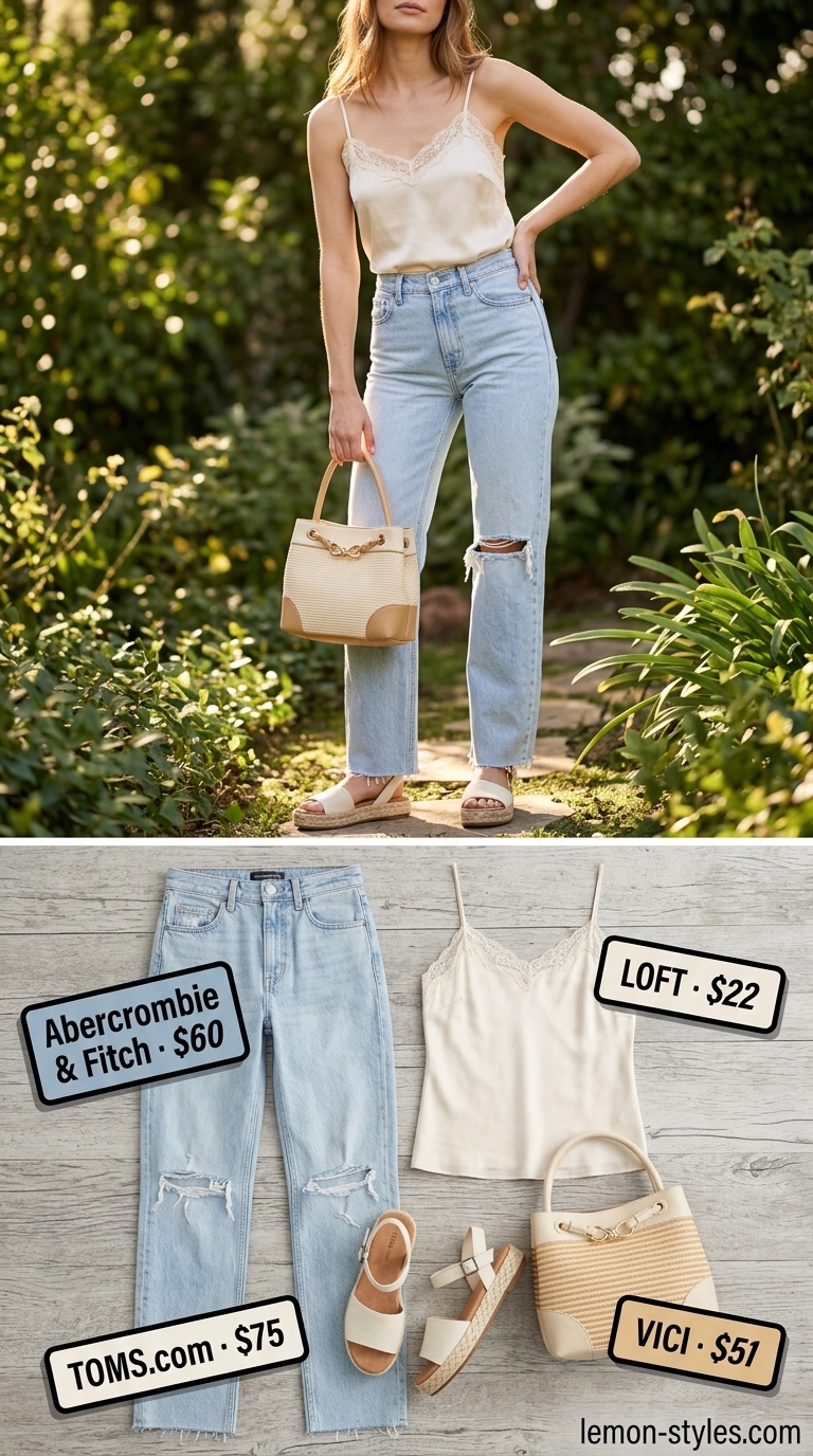 Beach Babe: Straight Leg Jean Outfits Summer 2026 Light blue straight leg jean outfits summer for women 2026 with camisole for beach brunch.