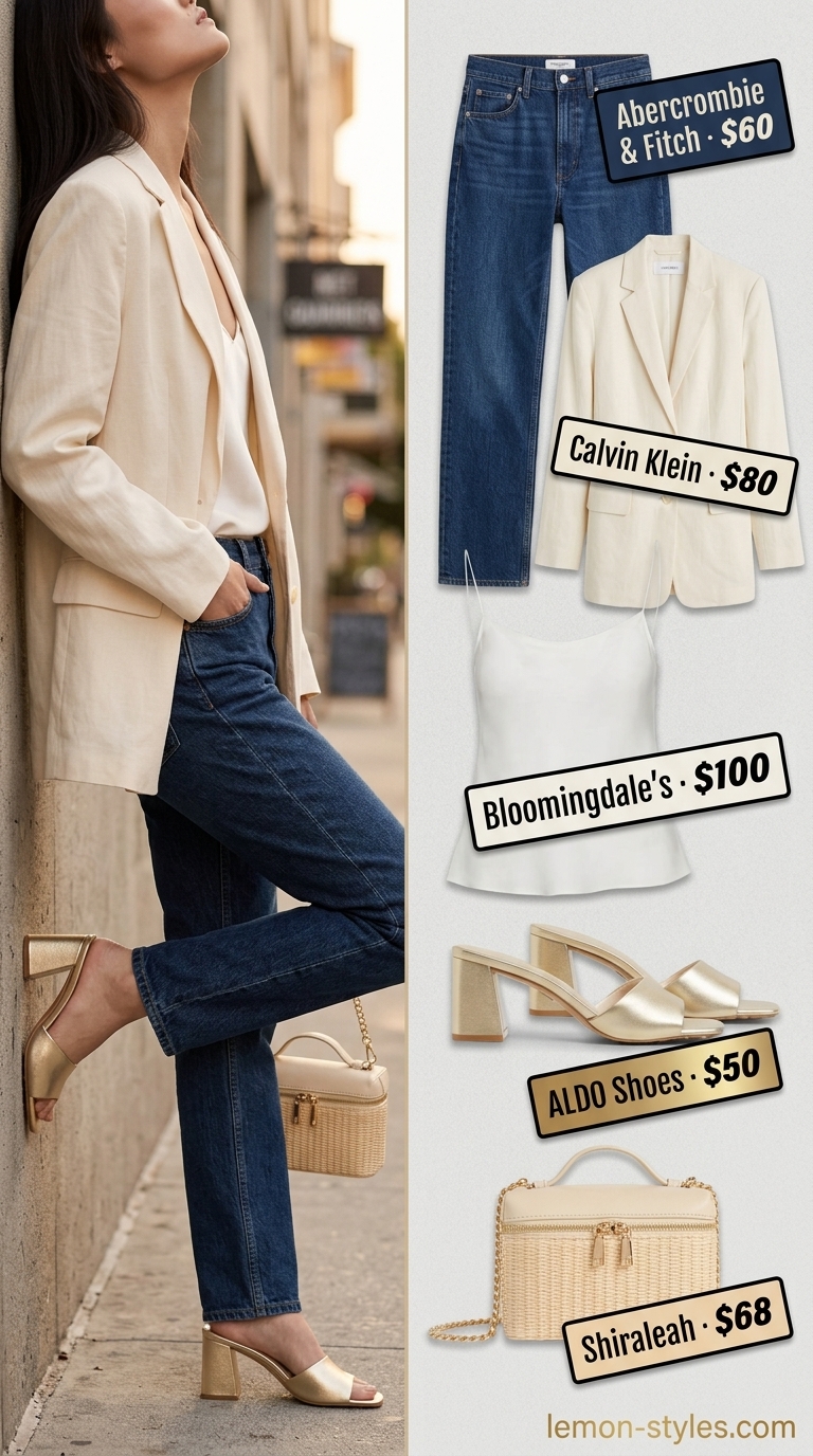 City Chic Afternoon: Straight Leg Jean Outfits 2026 Sophisticated city chic outfit with dark indigo straight leg jeans, cream blazer, and gold mules.