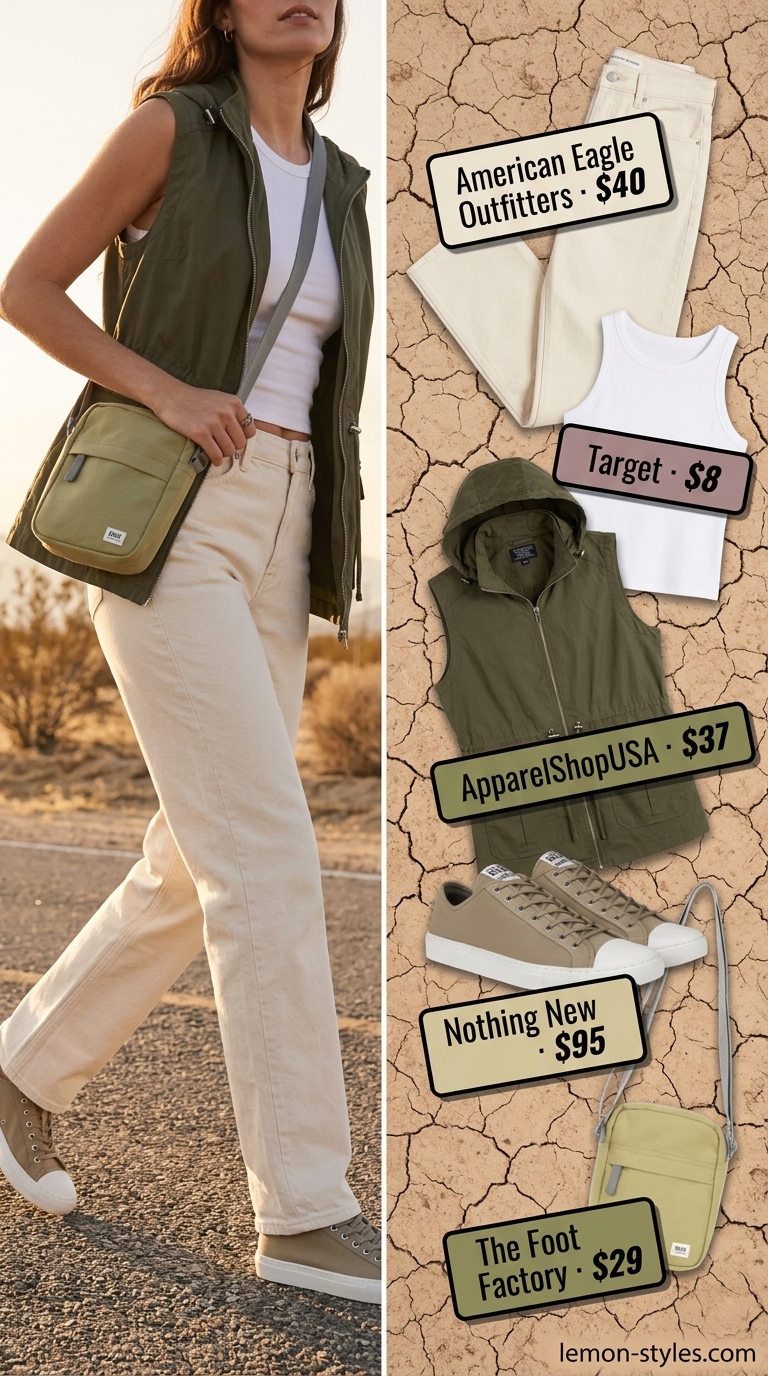 Desert Sands Adventure: Straight Leg Jean Outfits 2026 Adventurous desert outfit with ecru straight leg jeans, utility vest, and canvas sneakers.