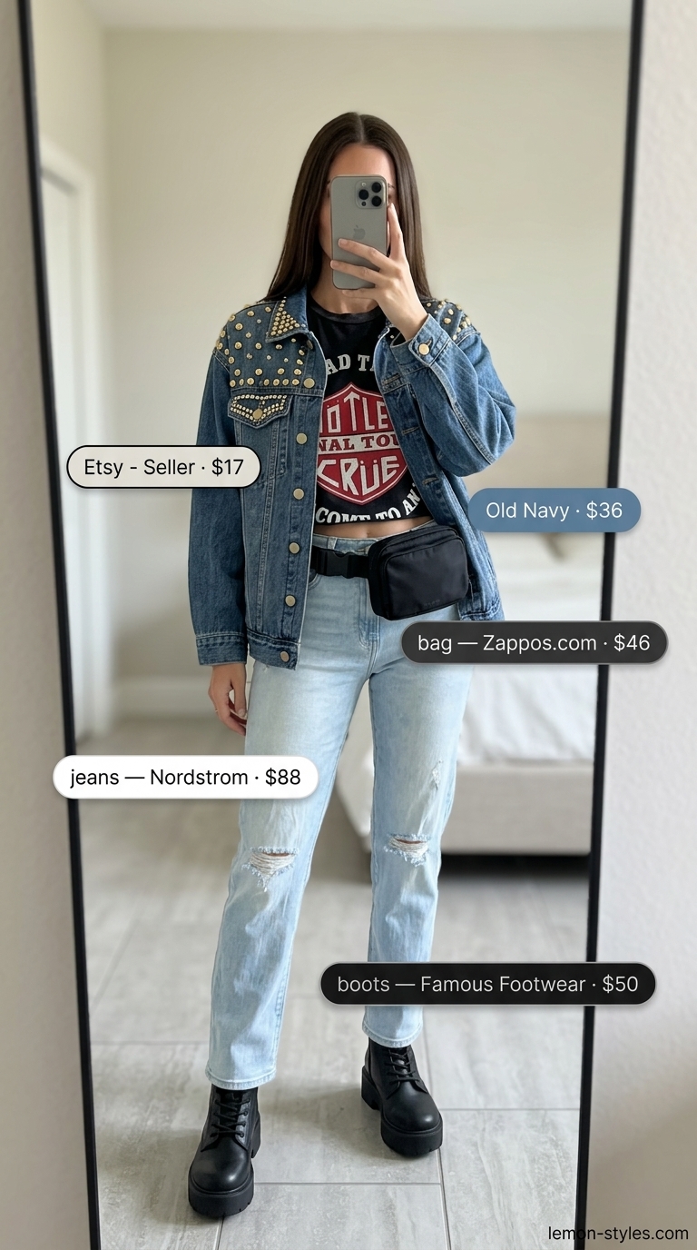 Festival Ready Edge: Straight Leg Jean Outfits 2026 Edgy festival outfit with ripped light blue straight leg jeans, band tee, and combat boots.