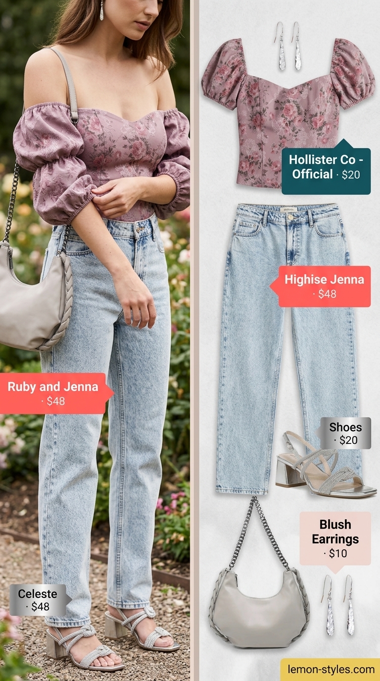 Sunset Garden Soiree: Straight Leg Jean Outfits 2026 Romantic garden soiree outfit with medium blue straight leg jeans, floral blouse, and silver heels.