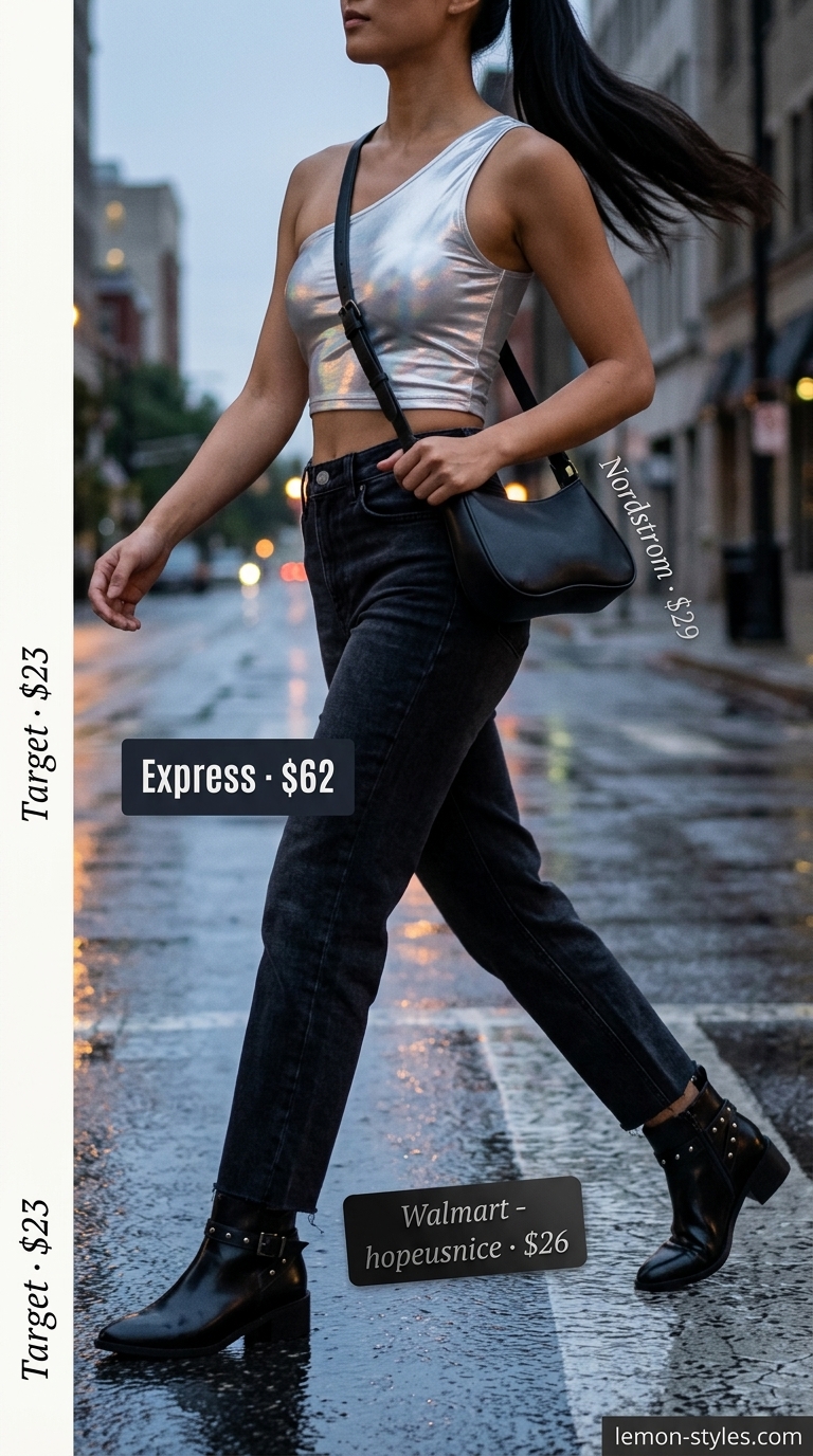 Washed black straight leg jean outfits summer for women 2026 with metallic silver top for a concert.