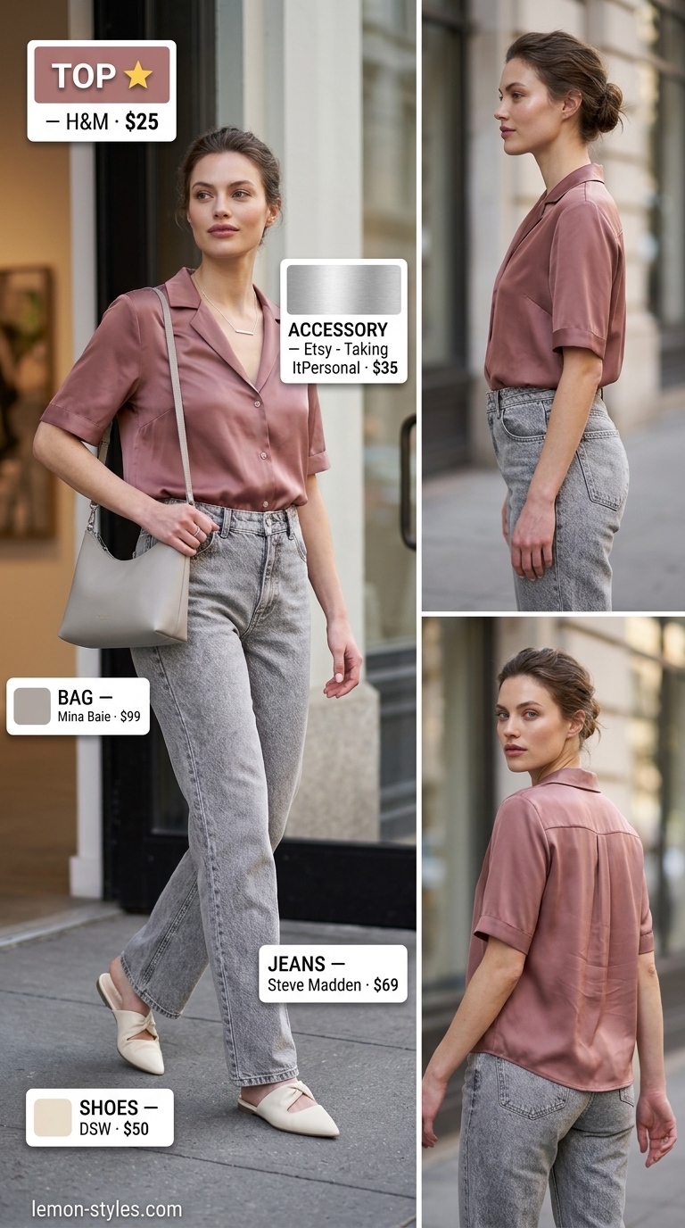 Minimalist Pink: Straight Leg Jean Outfits Summer 2026 Light grey straight leg jean outfits summer for women 2026 with dusty rose blouse for gallery.