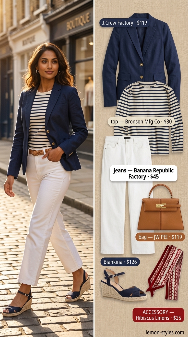 Nautical Chic: Straight Leg Jean Outfits Summer 2026 White straight leg jean outfits summer for women 2026 with navy blazer for seaside lunch.