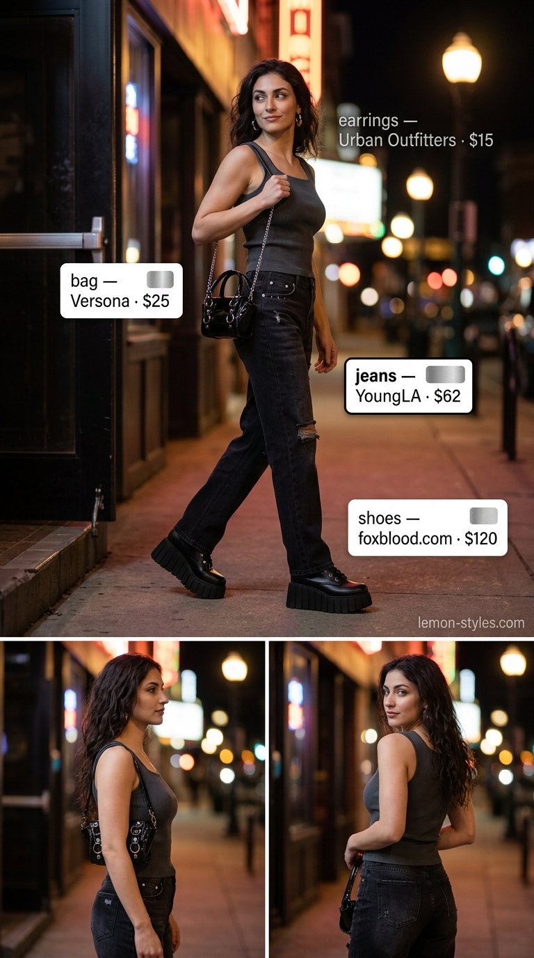 Summer Night Edge: Straight Leg Jean Outfits 2026 Edgy summer night outfit with faded black straight leg jeans, charcoal tank, and black platform boots.