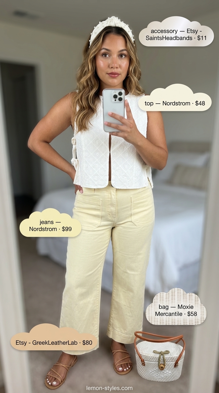 Playful Park Picnic: Straight Leg Jean Outfits 2026 Playful park picnic outfit with pastel yellow straight leg jeans, white eyelet top, and straw bag.