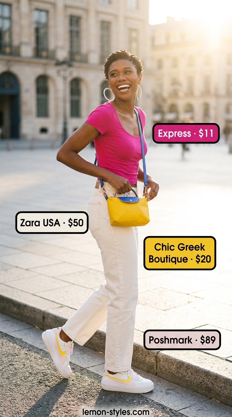 Retro Pop Art Day: Straight Leg Jean Outfits 2026 Vibrant summer festival outfit with white straight leg jeans, fuchsia crop top, and yellow mini bag.