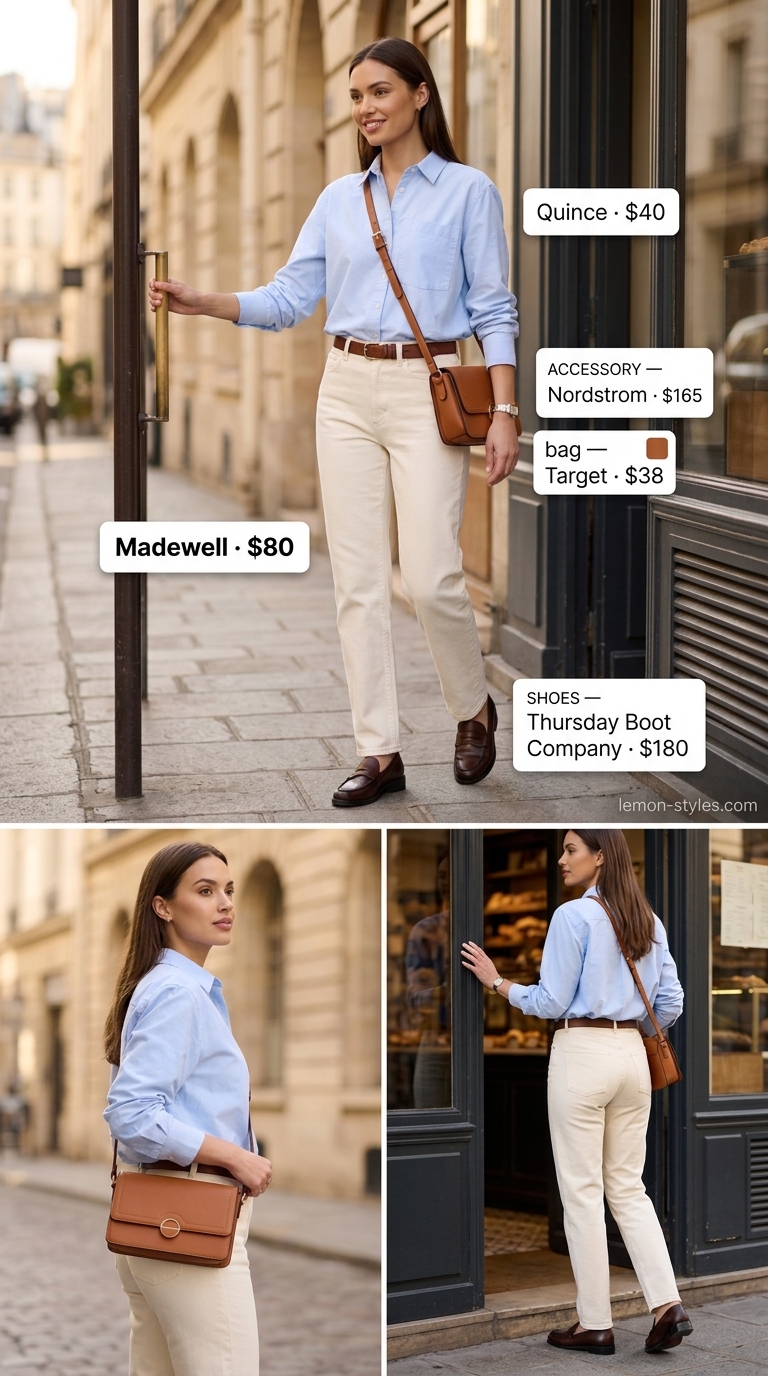 Preppy Summer Day Out: Straight Leg Jean Outfits 2026 Preppy summer outfit with ecru straight leg jeans, pale blue button-down shirt, and leather loafers.