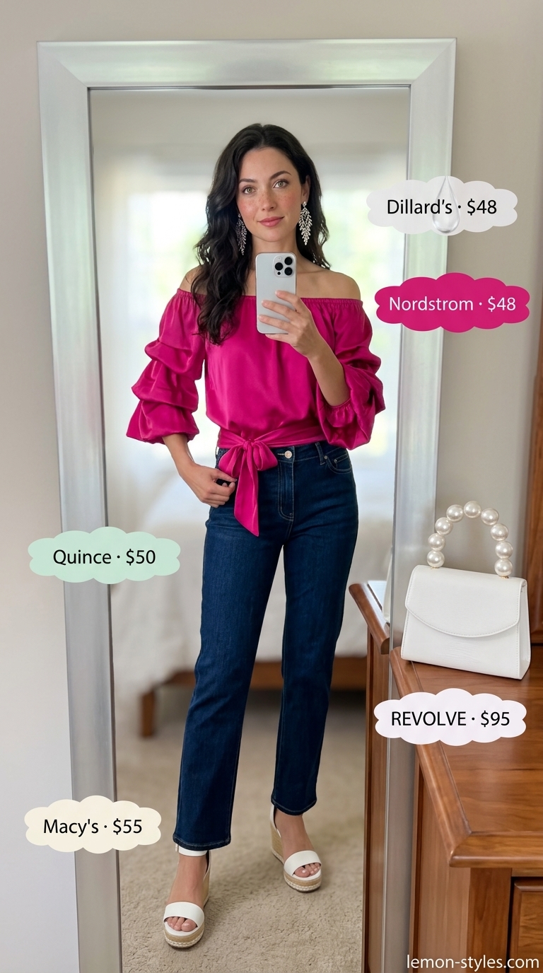 Glamorous Resort: Straight Leg Jean Outfits Summer 2026 Indigo straight leg jean outfits summer for women 2026 with fuchsia top for resort dinner.