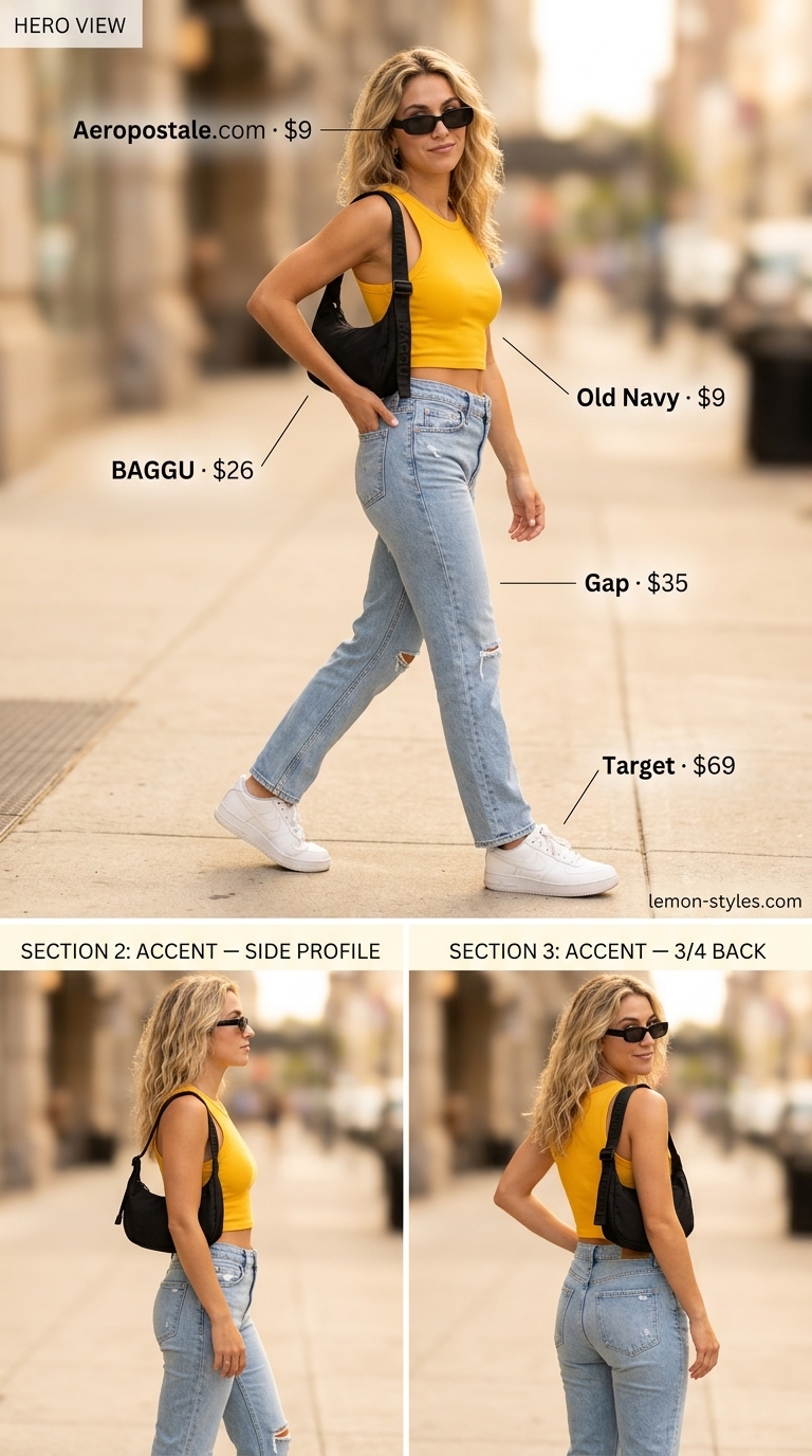 Retro Fun: Straight Leg Jean Outfits Summer 2026 Vintage blue straight leg jean outfits summer for women 2026 with yellow top for festival.