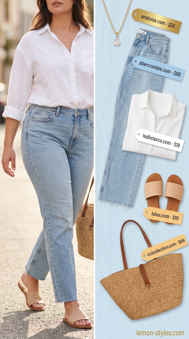 Effortless Riviera: Straight Leg Jean Outfits 2026 Effortless Riviera outfit with light blue straight leg jeans, white linen shirt, and straw tote.