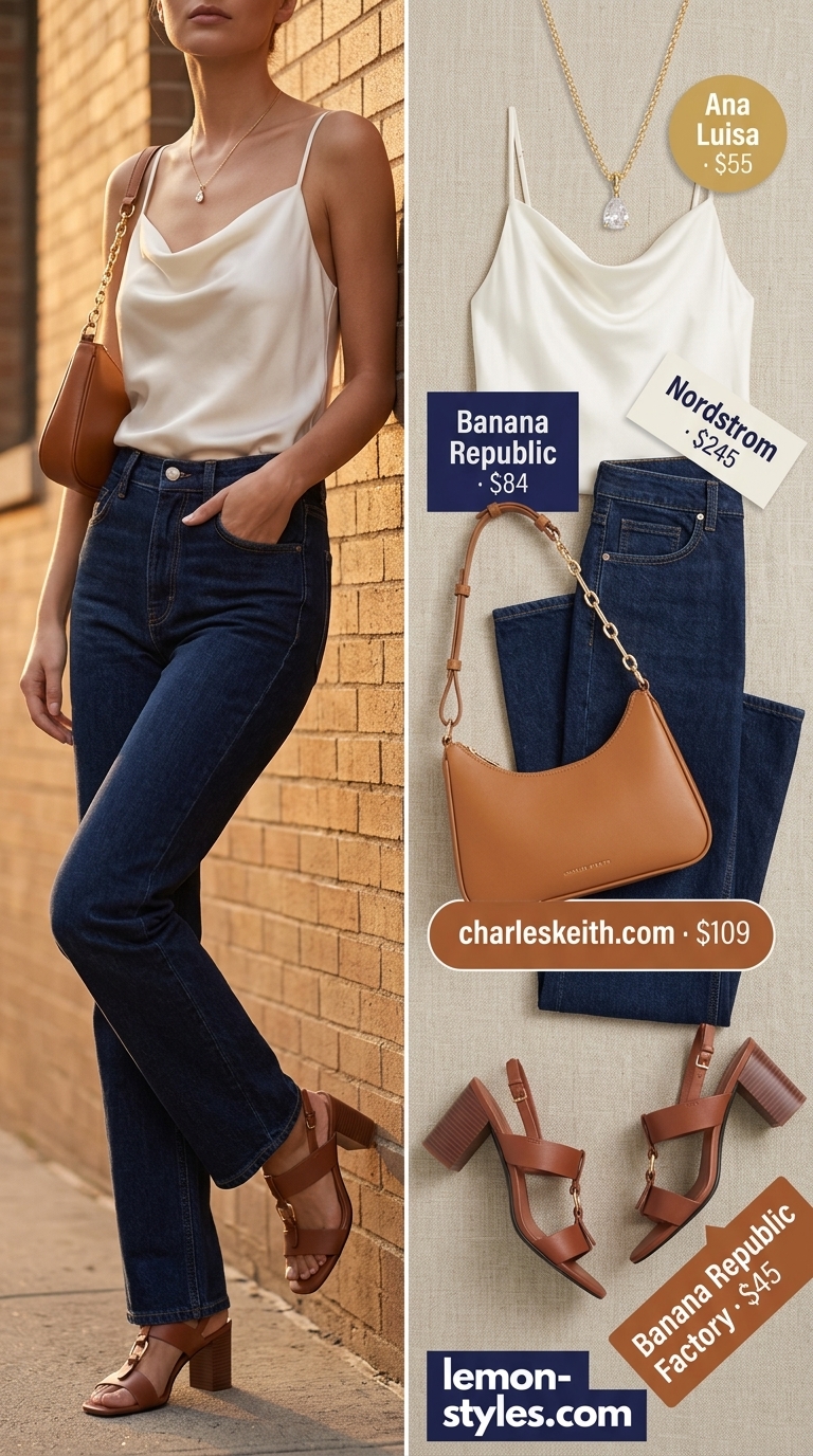Date Night Ready: Straight Leg Jean Outfits Summer 2026 Dark indigo straight leg jean outfits summer for women 2026 with ivory camisole for date night.