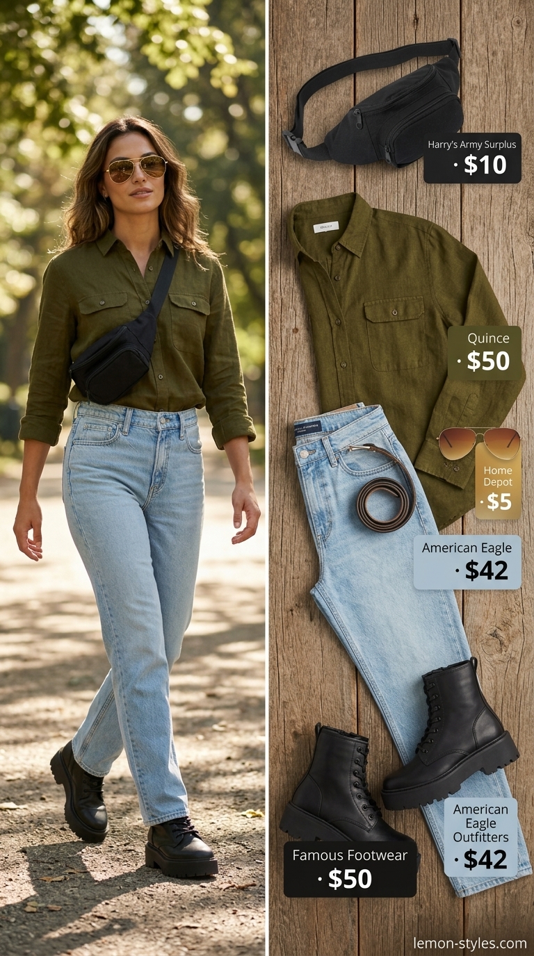 Urban Explorer: Straight Leg Jean Outfits Summer 2026 Mid blue straight leg jean outfits summer for women 2026 with olive shirt for city exploration.