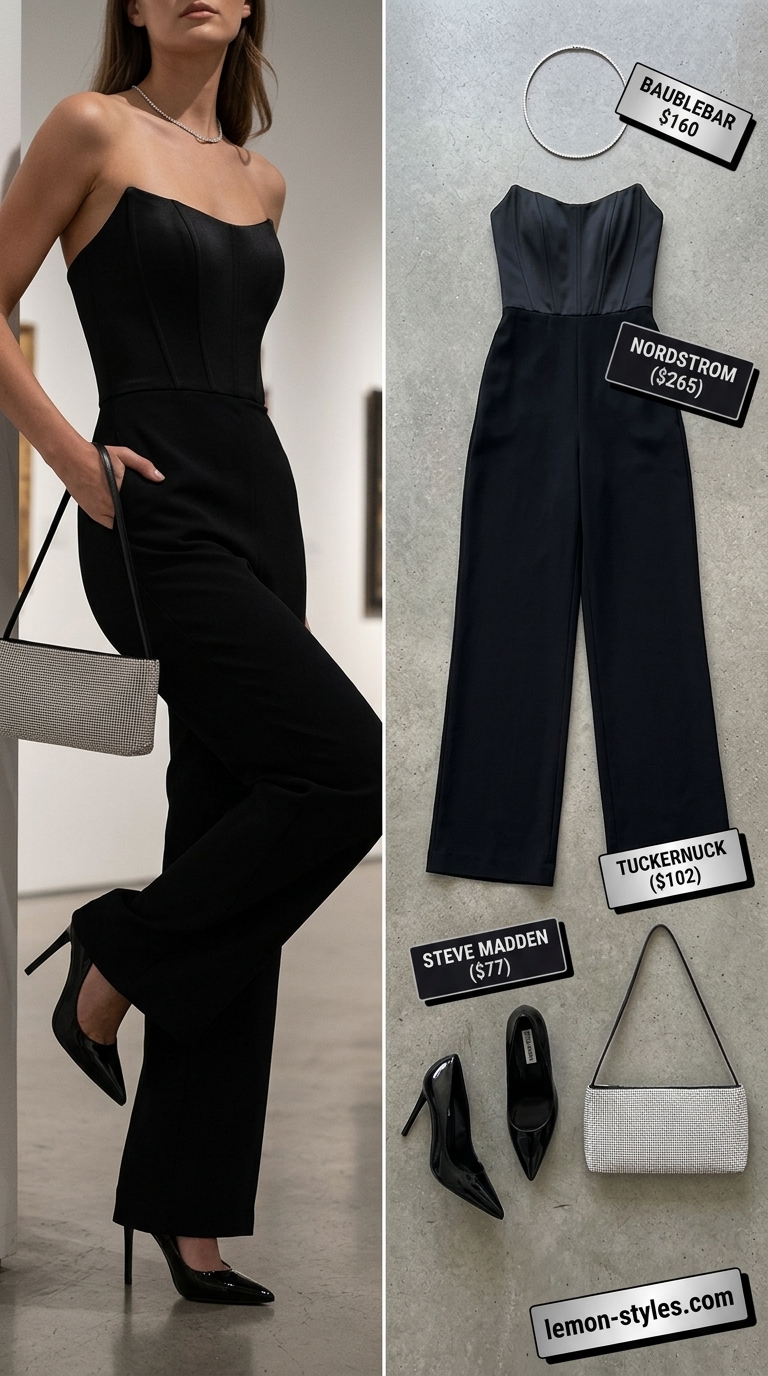 Strapless Summer Jumpsuit Outfits 2026: City Soirée Strapless summer jumpsuit outfits for women 2026: Black satin jumpsuit with red heels & silver bag for cocktail parties.