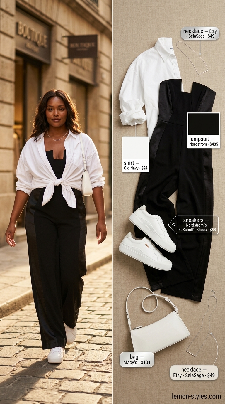 Strapless Summer Jumpsuit Outfits 2026: Urban Chic Strapless summer jumpsuit outfits for women 2026: Black jumpsuit with white shirt & sneakers for urban chic.