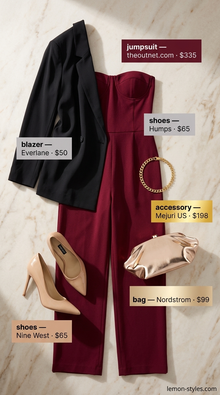 Strapless Jumpsuit Outfits for Women 2026: Wine Country Dinner Burgundy strapless jumpsuit outfit for women 2026, perfect for a wine country dinner or formal summer event.