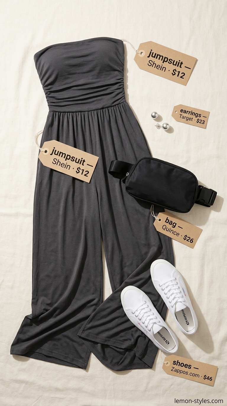 Strapless Summer Jumpsuit Outfits 2026: Casual Day Strapless summer jumpsuit outfits for women 2026: Charcoal gray jumpsuit with white cap & sneakers for casual day.