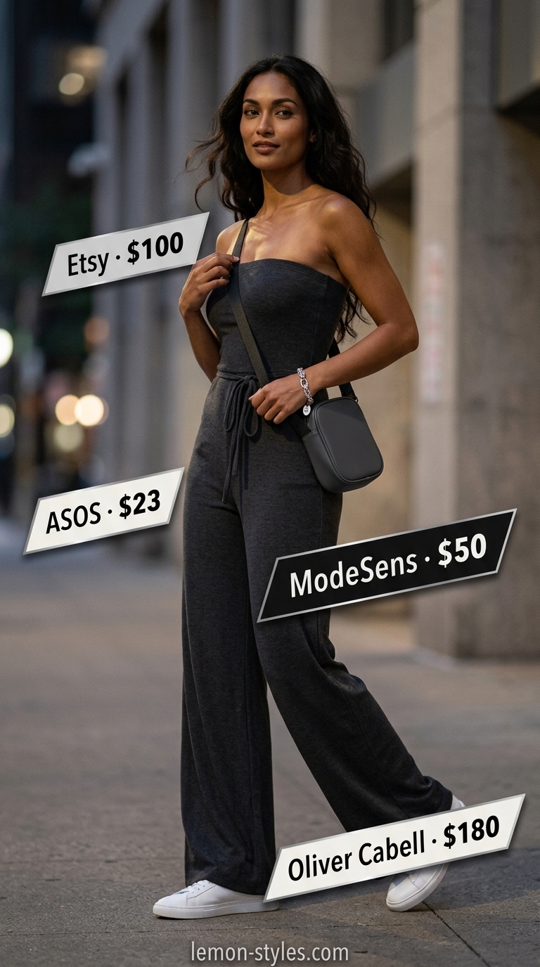 Strapless Summer Jumpsuit Outfits 2026: Urban Explorer Strapless summer jumpsuit outfits for women 2026: Charcoal grey jumpsuit with white sneakers & crossbody for urban style.