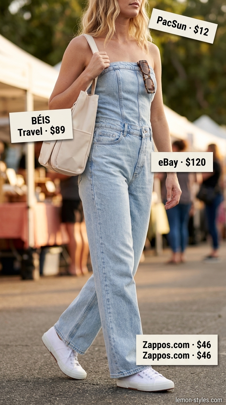 Strapless Summer Jumpsuit Outfits 2026: Denim Casual Strapless summer jumpsuit outfits for women 2026: Light denim jumpsuit with white sneakers & tote for casual days.