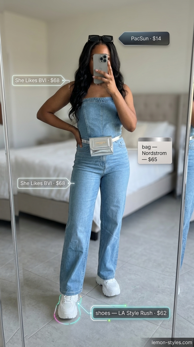 Denim Strapless Jumpsuit: Urban Explorer 2026 Light wash denim strapless jumpsuit for women 2026, perfect for urban explorer style, concerts, or casual days. Edgy and cool.