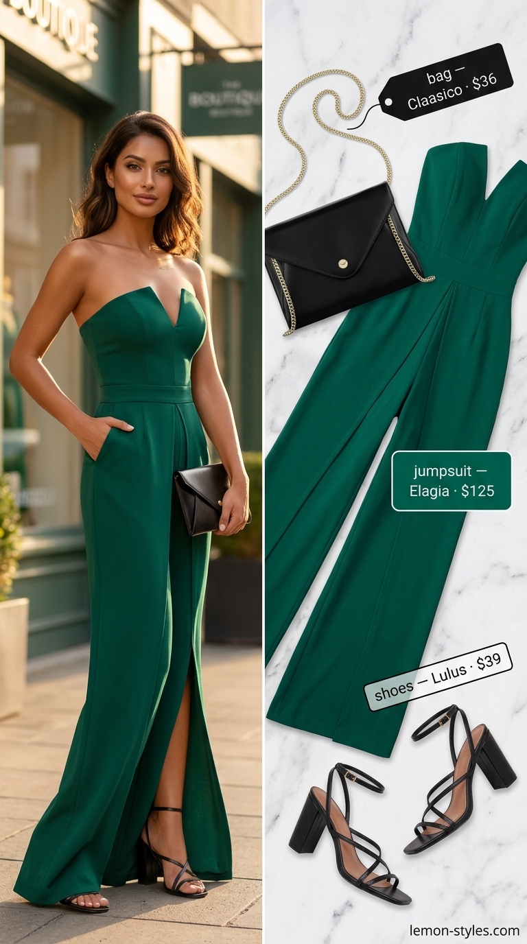 Strapless Jumpsuit Outfits for Women 2026: Midnight Garden Soirée Emerald green strapless jumpsuit outfit for women 2026, ideal for a midnight garden soirée or cocktail party.