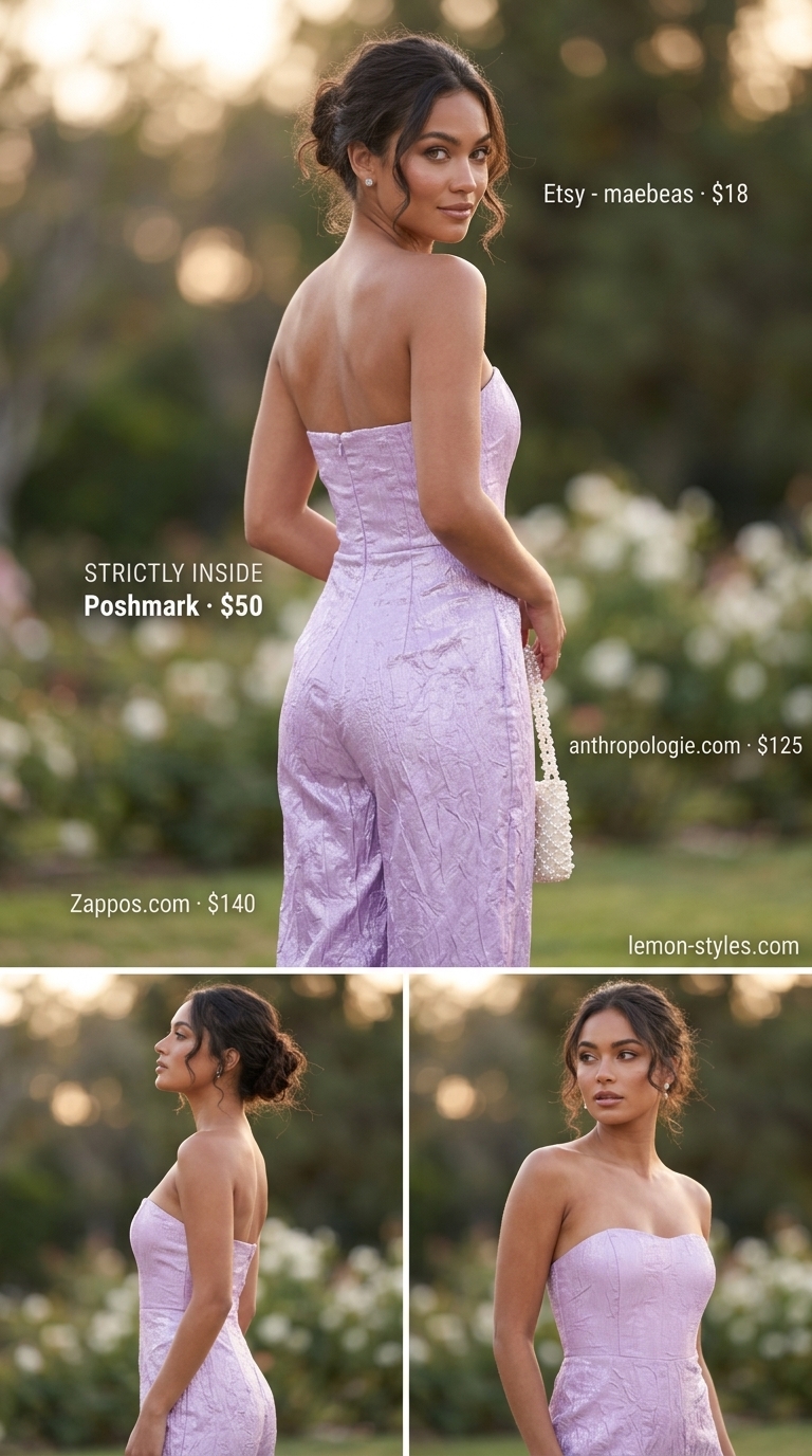 Strapless Summer Jumpsuit Outfits 2026: Garden Party Strapless summer jumpsuit outfits for women 2026: Lavender jumpsuit with silver sandals & cream bag for garden parties.