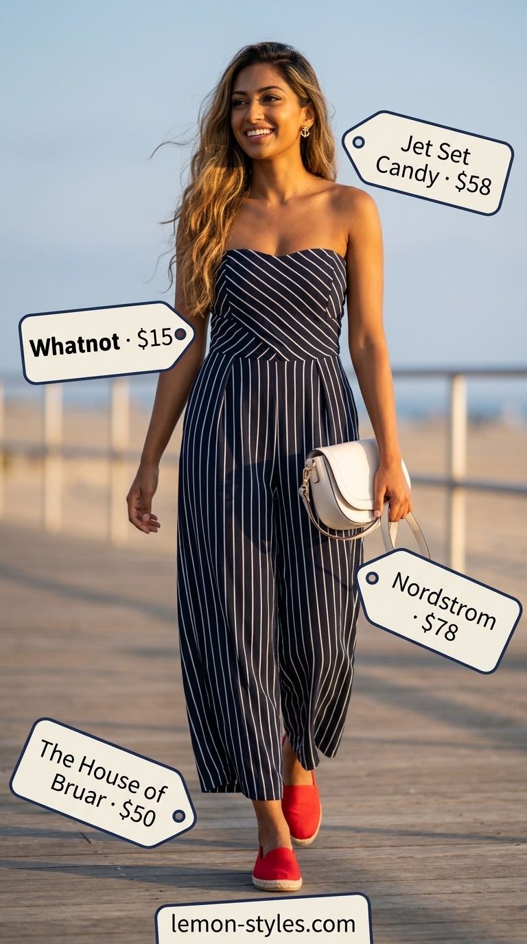 Striped Strapless Jumpsuit: Nautical Charm 2026 Navy and white stripe strapless jumpsuit for women 2026, perfect for nautical charm, casual lunches, or day trips. Classic and fresh.