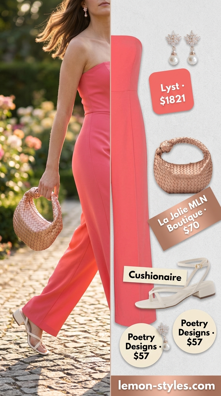 Strapless Jumpsuit Outfits for Women 2026: Garden Party Sweetness Blush pink strapless jumpsuit outfit for women 2026, perfect for a garden party or bridal shower.