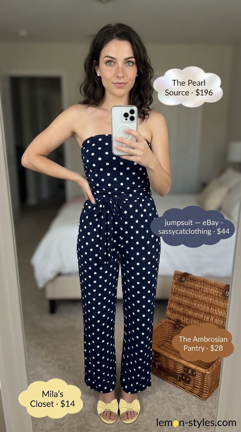 Strapless Jumpsuit Outfits for Women 2026: Retro Picnic Day Navy polka dot strapless jumpsuit outfit for women 2026, perfect for a retro picnic day.