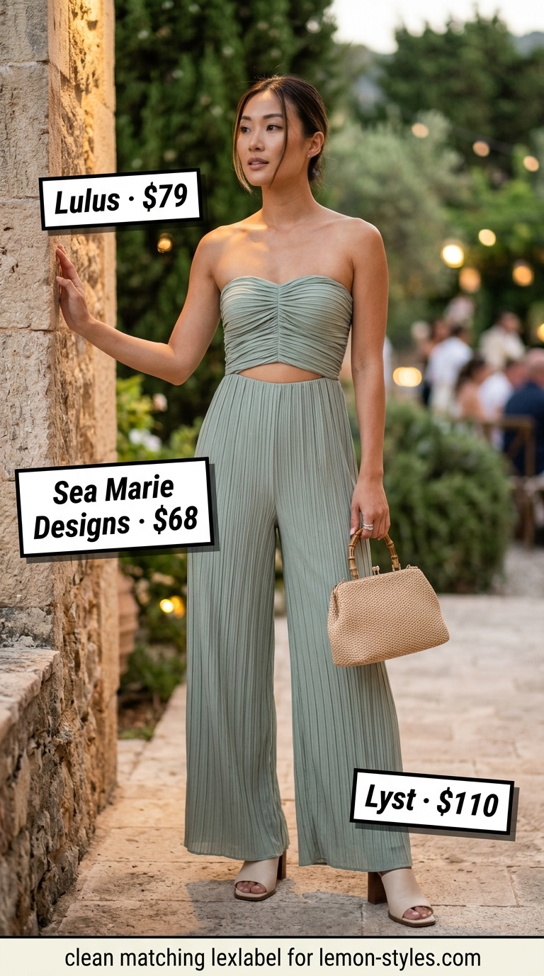 Strapless Jumpsuit Outfits for Women 2026: Earthy Elegance Sage green strapless jumpsuit outfit for women 2026, ideal for an earthy elegance outdoor dinner.