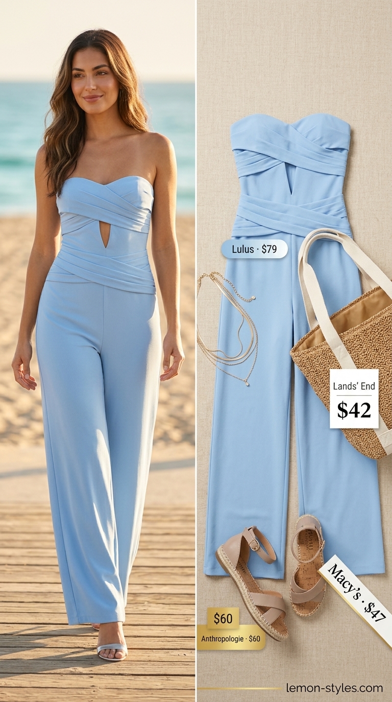 Sky Blue Strapless Jumpsuit: Seaside Elegance 2026 Sky blue strapless jumpsuit for women 2026, perfect for summer brunch, resort lunches, or daytime events. Relaxed and serene.