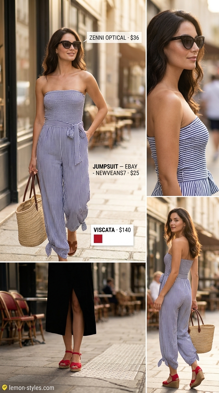 Strapless Jumpsuit Outfits for Women 2026: Parisian Summer Stroll Navy and white striped strapless jumpsuit outfit for women 2026, perfect for a Parisian summer stroll.