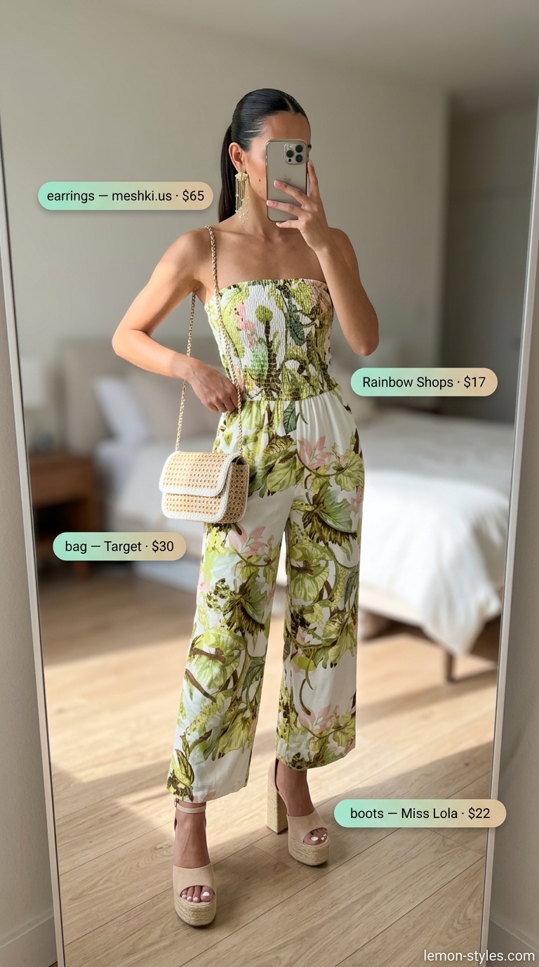 Strapless Summer Jumpsuit Outfits 2026: Resort Glam Strapless summer jumpsuit outfits for women 2026: Pink/green floral jumpsuit with nude espadrilles & gold jewelry for resort.