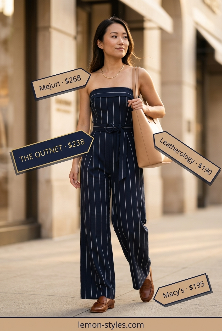 Classic navy strapless linen jumpsuit for women 2026, ideal for summer soirees and business casual events. Polished and timeless.