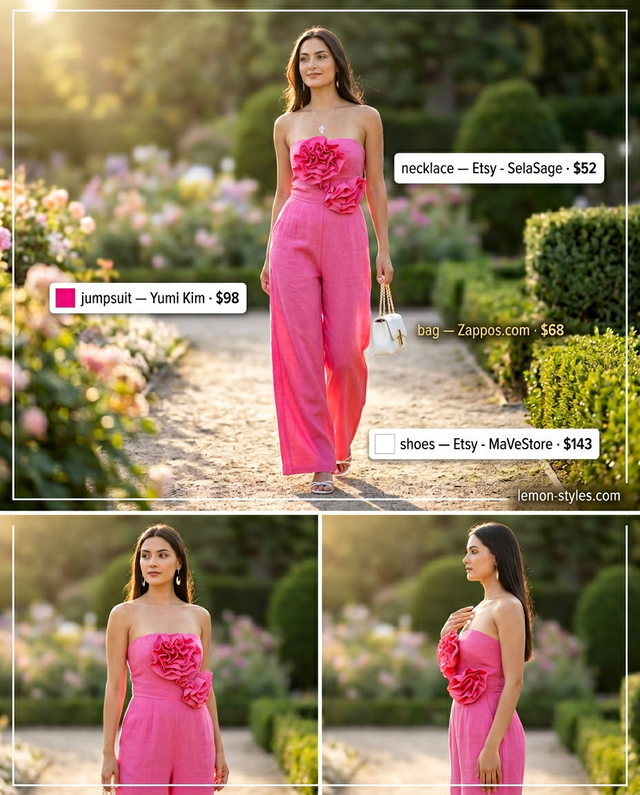 Pastel floral strapless linen jumpsuit for women 2026, perfect for garden parties and summer weddings. Feminine & romantic.