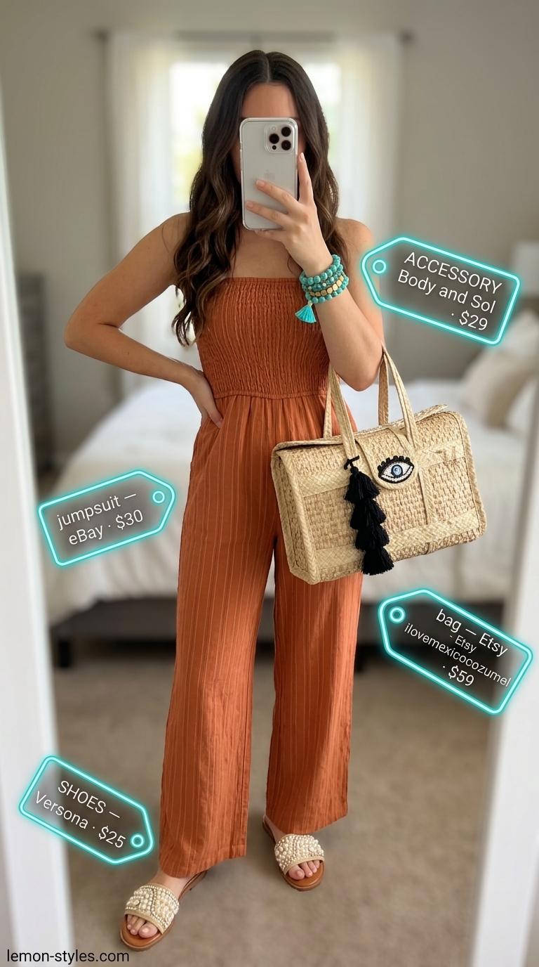 Vibrant terracotta orange strapless linen jumpsuit for women 2026, perfect for daytime events and vacations.