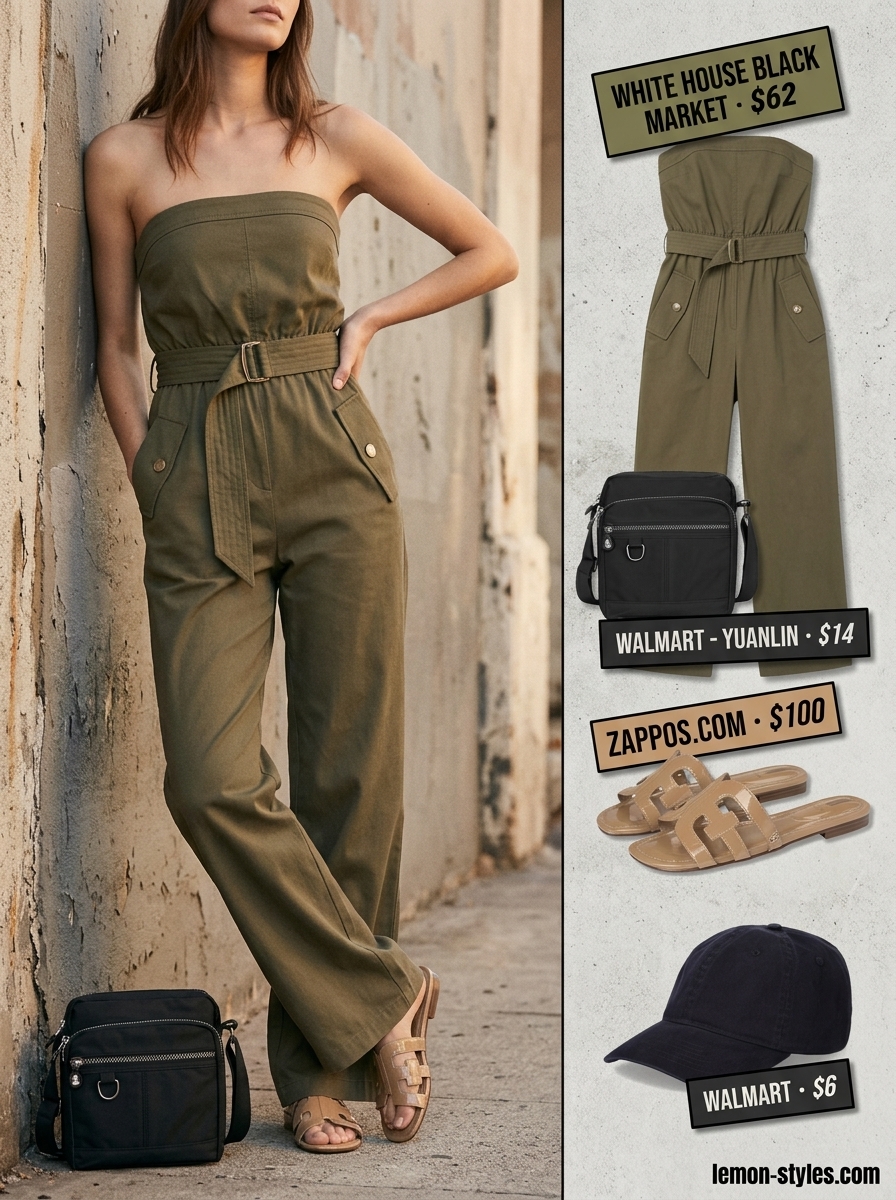 Practical olive green strapless linen jumpsuit for women 2026, perfect for casual days and travel.