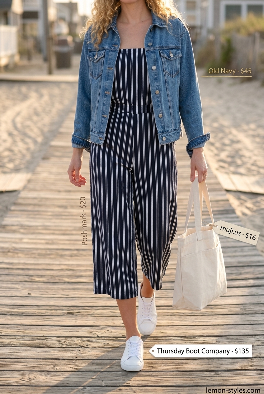 Playful navy and white striped strapless linen jumpsuit for women 2026, great for casual days out.