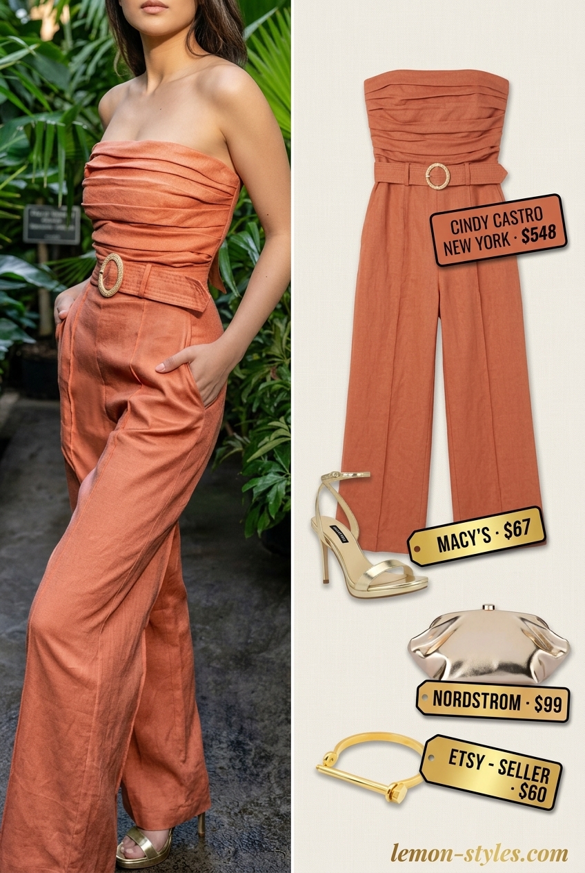 Glamorous terracotta strapless linen jumpsuit for women 2026, perfect for summer dinner dates, cocktail parties, and evening events.
