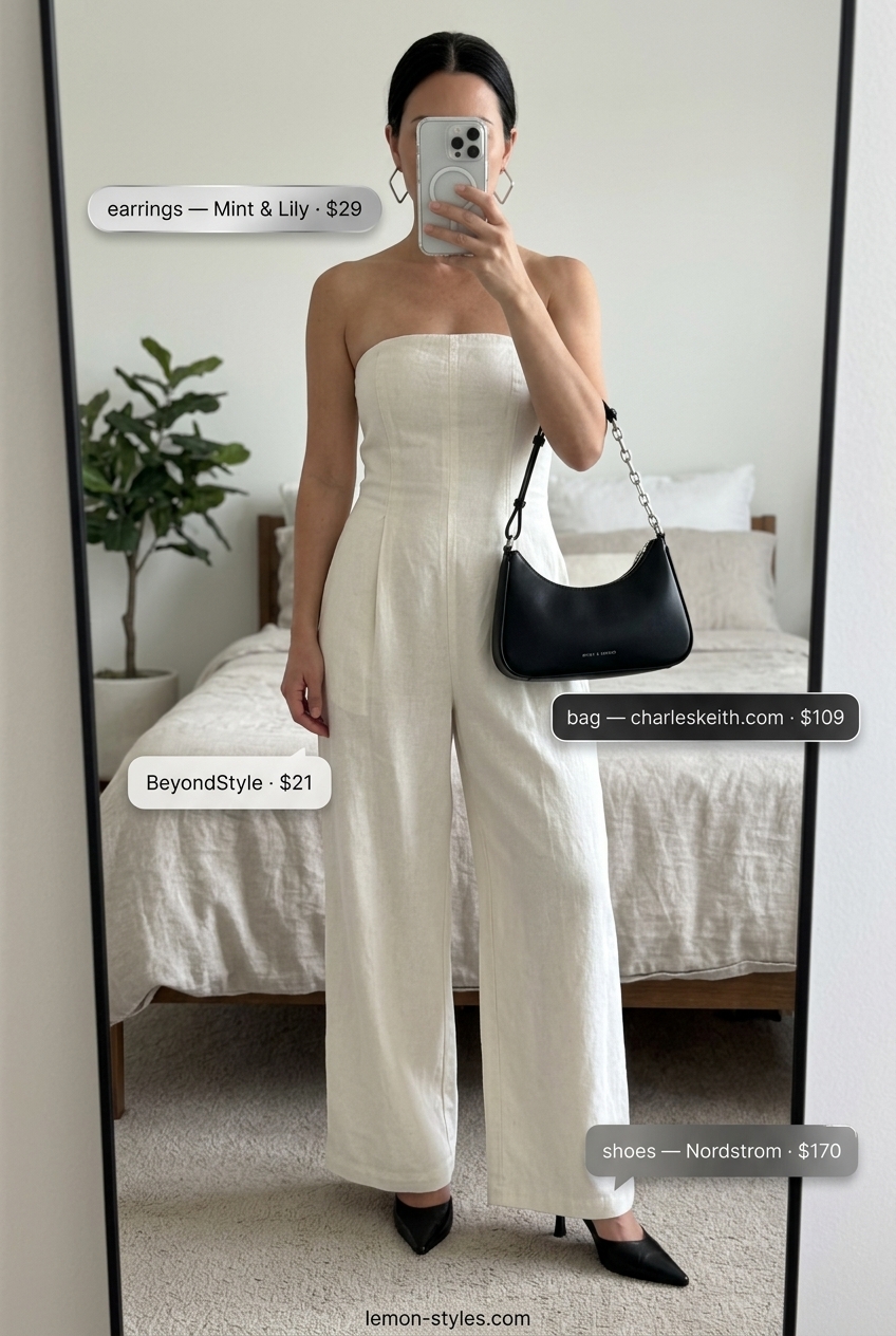 Polished white strapless linen jumpsuit for women 2026, perfect for city summer events, meetings, and gallery visits.