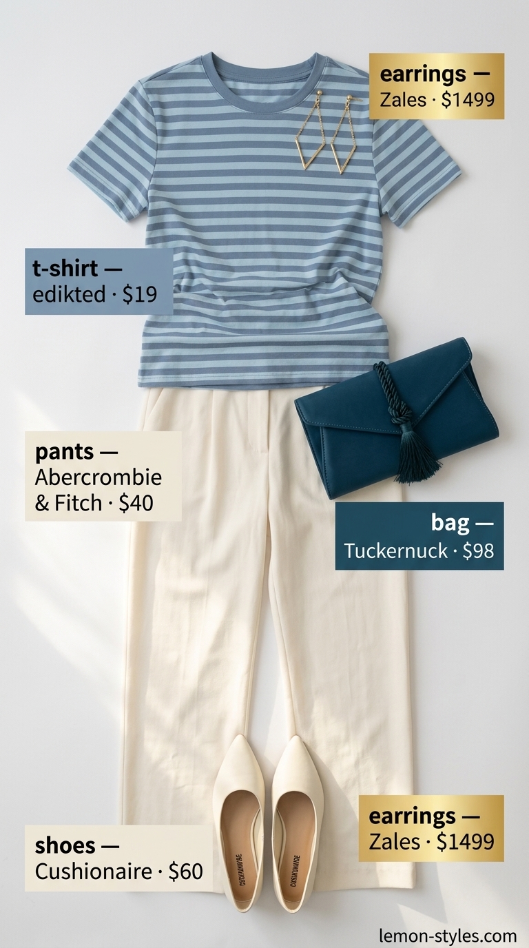 Art Gallery T-Shirt Outfit 2026 Striped summer t-shirt outfit for women 2026: Teal, navy, cream stripes tee with wide-leg trousers, mules, and clutch for art gallery.