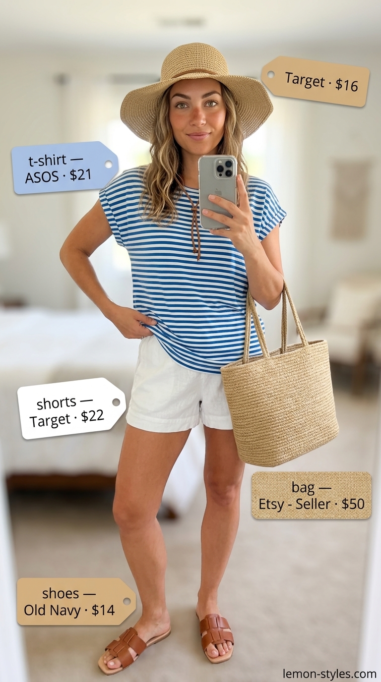 Beach Tunic T-Shirt Outfit 2026 Striped summer t-shirt outfit for women 2026: Sky blue gradient tee with linen shorts, slide sandals, and straw hat for beach vacation.